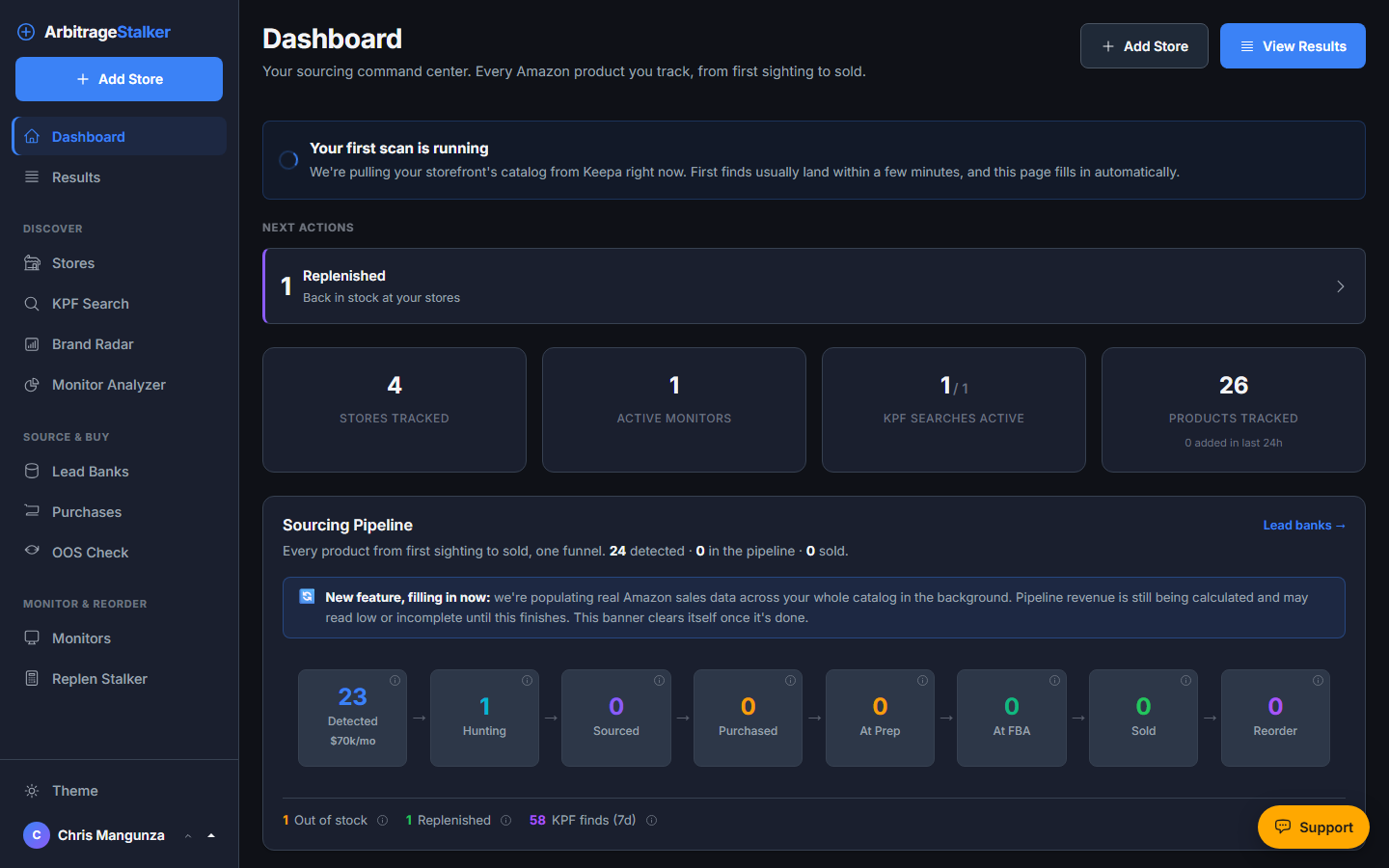 Lead Engine dashboard: new profitable leads surfaced automatically from tracked storefronts